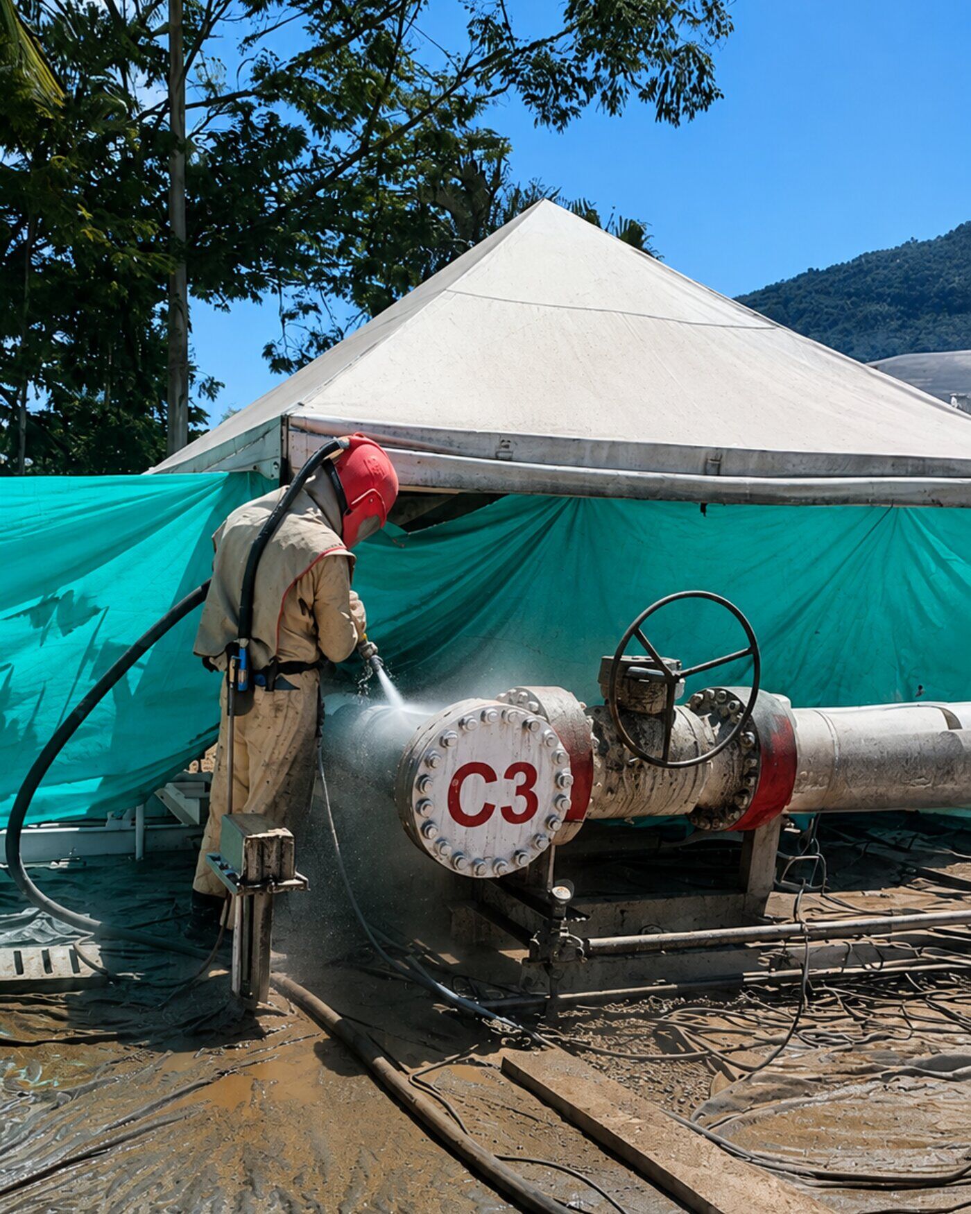 Operario de 3C aplicando sandblasting industrial sobre tubería de subestación de gas — Norma SSPC 5-NACE 1